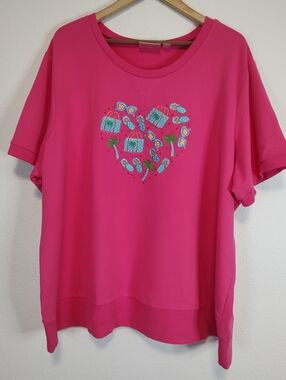 Quacker Factory Pink Embroidered Short Sleeve Round Neck T-shirt Size 3X
